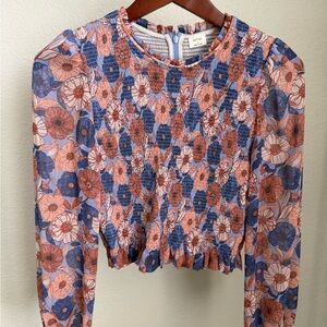 Aritzia Blue and Pink Puff Sleeve Smocked Crop Blouse